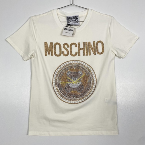 Moschino Tops - NWT Moschino TShirt Womens Small Cream Rhinestone Teddy Bear Short‎ Sleeve Top
